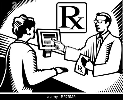 Un pharmacien expliquant une ordonnance à un client établi noir et blanc Banque D'Images