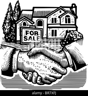 Serrer la main à l'avant d'un bien immobilier vendu sign, noir et blanc Banque D'Images