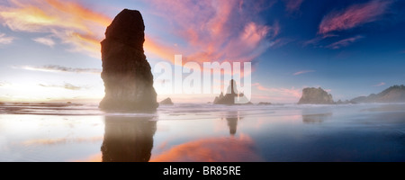 Marée basse et du coucher du soleil à réflexion Samuel H. Boardman State Scenic Corridor. Oregon Banque D'Images