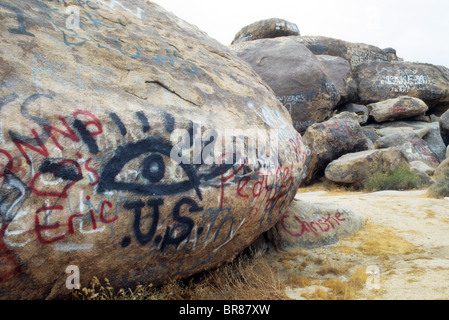 Bombe de peinture graffiti rock nom d'abîmer la nature égoïste de vandalisme vandalisme marque désert détruire Banque D'Images