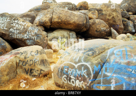 Bombe de peinture graffiti rock nom d'abîmer la nature égoïste de vandalisme vandalisme marque désert détruire Banque D'Images