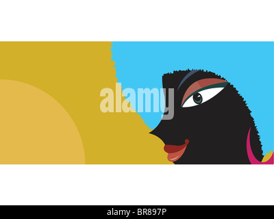 Une femme avec une peau sombre et des cheveux bleu style afro Banque D'Images