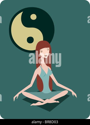 Une femme méditant dans la position du lotus devant un symbole Ying Yang Banque D'Images