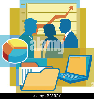 Un montage de deux hommes et une femme, un graphique, un diagramme circulaire, dossiers et un ordinateur portable Banque D'Images