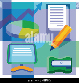 Un montage d'un graphique, de documents, d'un crayon, d'un taille-crayon, et un moniteur d'ordinateur Banque D'Images