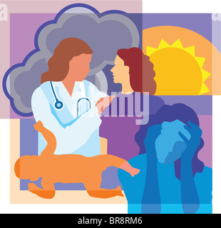 Collage d'un soleil, nuages, un doctor talking to patient, un nouveau-né et une femme tenant sa tête Banque D'Images
