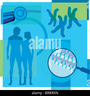 Illustration Montage sur la fécondation in vitro contenant un oeuf, un couple, l'ADN et de chromosomes Banque D'Images