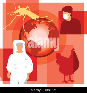 Montage illustration maladies mondiale personne moustique en masque de visage et d'un globe de poulet par personne pour répondre aux matières dangereuses Banque D'Images