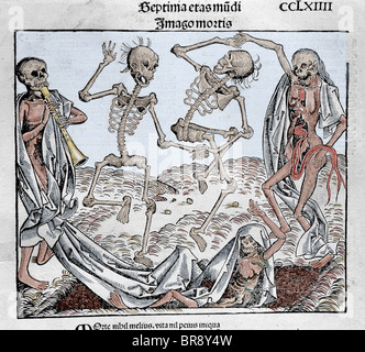 La danse de la mort (1493) de Michael Wolgemut, du Liber Chronicarum par Hartmann Schedel. Gravure en couleur. Banque D'Images