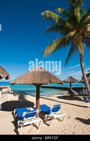 Mexique, Cozumel. Mexique, Cozumel. Parasols de plage Playa Azul Hotel, San Miguel, Isla Cozumel, île de Cozumel. Banque D'Images