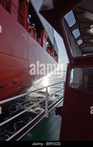 Fort Lauderdale, Pt. Everglades, Florida, USA. McAllister Towing remorqueurs assistant container ship Banque D'Images