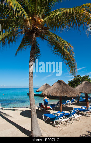 Mexique, Cozumel. Mexique, Cozumel. Parasols de plage Playa Azul Hotel, San Miguel, Isla Cozumel, île de Cozumel. Banque D'Images