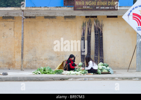 Une femme boutiques pour légumes à un étal de à Bac Ha, Vietnam Banque D'Images