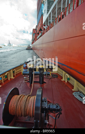 Fort Lauderdale, Pt. Everglades, Florida, USA. McAllister Towing remorqueurs assistant container ship Banque D'Images