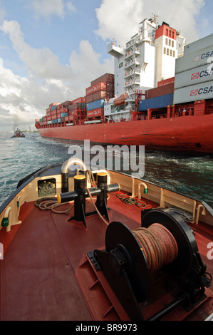 Fort Lauderdale, Pt. Everglades, Florida, USA. McAllister Towing remorqueurs assistant container ship Banque D'Images