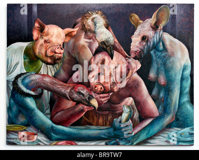 Peinture surréaliste d'un rassemblement d'animaux de type humain. Interprétation de l'anthropomorphisme. Banque D'Images