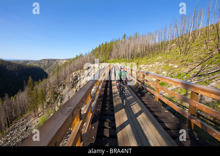 Des promenades en bicyclette à travers trestle à canyon Myra sur la piste cyclable du chemin de fer de Kettle Valley près de Kelowna, Colombie-Britannique, Canada Banque D'Images