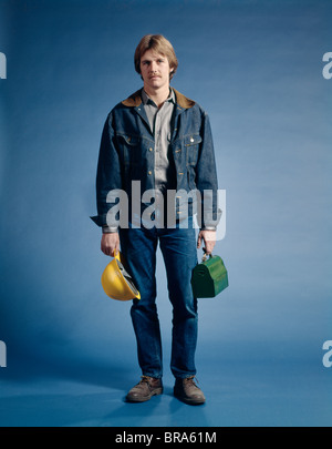 1978 1970 RETRO CONSTRUCTION WORKER HAT LUNCH BOX JEAN JACKET Banque D'Images