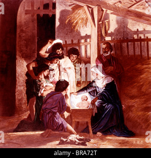 Peinture de BOUGUEREAU ADORATION DES BERGERS CRÈCHE NATIVITÉ Jésus Marie Joseph STABLE RELIGIEUX NAISSANCE Banque D'Images