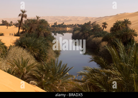 Dans l'erg d'Ubari, l'Umm-el Ma (mère des eaux) Lake, la Libye, l'Afrique du Nord, Afrique Banque D'Images