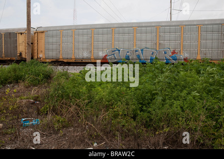 Une voiture de chemin de fer sur le système Public Belt Railroad à New Orleans est marqué par le graffiti. Banque D'Images