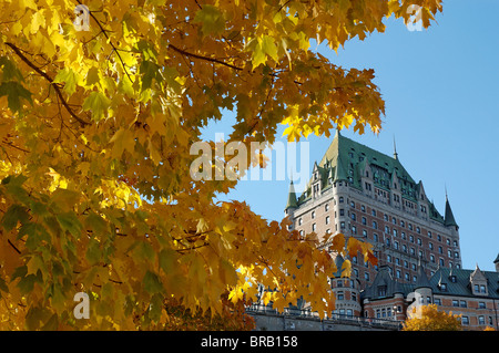 Le Château Frontenac à Québec encadré par les feuilles d'automne Banque D'Images