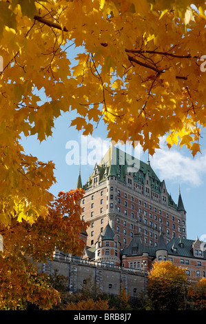 Le Château Frontenac à Québec encadré par les feuilles d'automne Banque D'Images