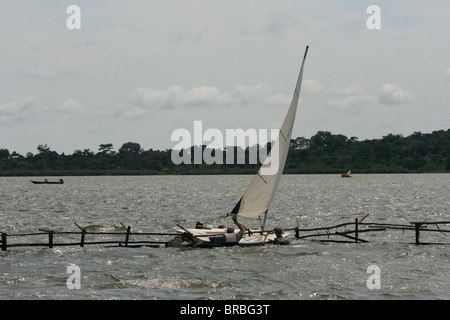 Laser radial d'un canot d'être secouru d'une structure dans l'eau qu'il avait été soufflé dans, le lac Victoria, en Ouganda Banque D'Images