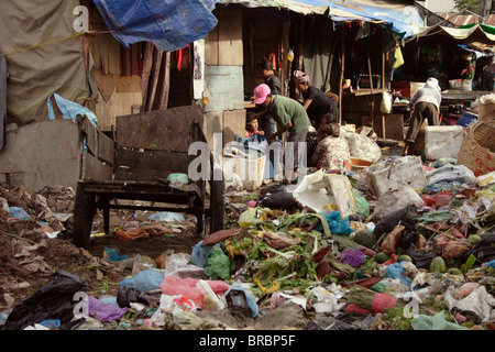 Les déchets en décomposition sont empilés à côté de maisons de squatteurs à Phnom Penh, Cambodge. Banque D'Images