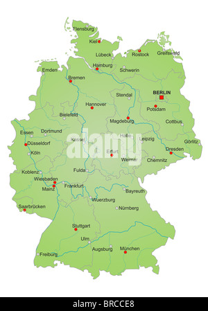 Carte de l'Allemagne stylisé montrant membres, les rivières et les grandes villes. Les noms de ville en langue allemande. Banque D'Images