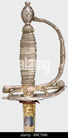 Une épée argentée pour un officier de la Garde, France, Période de restauration lame de throuting triangulaire avec dorures bien conservées sur un fond bleuté. Hilt argenté caractéristique avec fleur de lys en relief sur la protection, le porte-fusée et le pommeau. Enroulement à poignée métallique argent d'origine et têtes de Turk lâches. Barde en cuir intact avec fixations argentées. Longueur 101 cm. Historique, historique, XIXe siècle, XIIe siècle, XIe siècle, 10ème siècle, épée habillée, épées, throuillée, propulsions, petite épée, épée de cour, arme, armes, armes, armes, armes, militaires, militarie, Banque D'Images