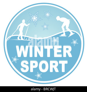 Une illustration d'un insigne symbolisant les sports d'hiver. Le tout sur fond blanc. Banque D'Images