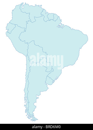 Carte stylisée de l'Amérique du Sud dans ton bleu. Le tout sur fond blanc. Banque D'Images