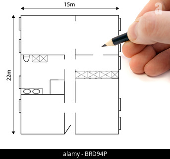 Un dessin à la main un plan au sol pour planifier un projet de construction. Banque D'Images