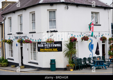 Extérieur de la Sea Horse pub avec bannière pour la bière de la station balnéaire de New Quay, Ceredigion, West Wales, UK Banque D'Images