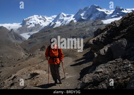 Randonneur sur sentier au Lac Noir au-dessus de Zermatt avec (fr.l à r.) Monte Rosa, Lyskamm, Breithorn, Klein Matterhorn, Suisse Banque D'Images