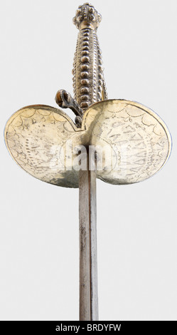 Une petite épée argentée française, vers 1800 lame fine et légèrement gravée de la section triangulaire creuse. La forte est inscrite H F'. Robe hilt argentée ornée de perles à facettes. Longueur 102 cm. Historique, historique, XIXe siècle, épée habillée, épées, throuillage, propulsions, petite épée, épée de cour, arme, armes, armes, armes, armes, militaire, militaria, objet, objets, photos, coupures, coupures, découpe, découpe, découpes, coupures, coupures, coupures, Banque D'Images