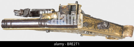 Un pistolet à roue miniature, Michael Mann, Nuremberg, vers 1600. Pistolet entièrement fonctionnel, avec un corps et un verrou en fer, et un stock de cuivre doré et doré, richement gravé de vignes, de fleurs et de décoration géométrique. Stock de queue de poisson. Une bague de transport. Ramrod manquant. Plus grande longueur 53 mm. Michael Mann, fervente artistique à Nuremberg de 1590 à 1630 a été célèbre pour ses petits coffrets en fer doré, canon modèle et pistolets miniatures, qui ressemblaient plus aux chefs-d'œuvre et montres mécaniques compliqués que les armes. Cf. C. Blair, Arms, Armure Et Base-Meta, Banque D'Images