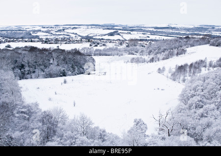 Paysage de neige Voir à au nord-ouest de Hownsgill Viaduc, près de Moorside, Durham, Royaume-Uni. Moorside est visible au loin. Banque D'Images