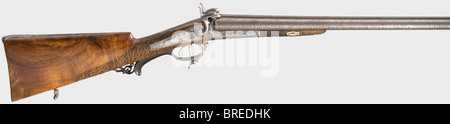 Un fusil de chasse côte à côte à broche, K. Czermak à Hohenstadt vers 1860. Les fûts de Damas avec des alésages quelque peu rugueux en calibre 17 mm, une signature incrustée d'or sur la nervure centrale. Verrous à action arrière, plaques de verrouillage également signées. Noyer finement craquelé, mobilier en fer richement gravé avec des scènes de chasse incrustées d'or. Protection de déclenchement en partie en avertisseur sonore. Longueur 116 cm. Erwerbsscheinpflichtig. Historique, XIXe siècle, armes civiles, armes à feu, armes, armes, armes, bras, armes à feu, armes à feu, armes à feu, armes à feu, armes à feu, armes à feu, armes à feu, objets, objets, photos, coupures, clip, Banque D'Images