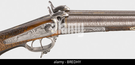 Un fusil de chasse côte à côte à broche, K. Czermak à Hohenstadt vers 1860. Les fûts de Damas avec des alésages quelque peu rugueux en calibre 17 mm, une signature incrustée d'or sur la nervure centrale. Verrous à action arrière, plaques de verrouillage également signées. Noyer finement craquelé, mobilier en fer richement gravé avec des scènes de chasse incrustées d'or. Protection de déclenchement en partie en avertisseur sonore. Longueur 116 cm. Erwerbsscheinpflichtig. Historique, XIXe siècle, armes civiles, armes à feu, armes, armes, armes, bras, armes à feu, armes à feu, armes à feu, armes à feu, armes à feu, armes à feu, armes à feu, objets, objets, photos, coupures, clip, Banque D'Images