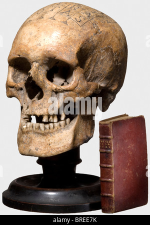 Crâne humain avec carré magique, allemand, 16ème/17ème siècle Bien préservé, ancien crâne romain/celtique avec mâchoire inférieure et de légères restes d'incrustations. Certaines dents sont manquantes, certaines partiellement cassées, le côté droit du crâne est endommagé. Le skullcap avec une gravure du XVIe/XVIIe siècle, une place magique avec la formule Siator. Les lignes gravées avec des restes de noircissement. Monté sur un support en bois de date ultérieure, env. 1800. Hauteur 27 cm. Un petit livre avec une couverture en cuir en relief doré: Henry Fricx, "les déRS de la mort", Bruxelles 1773. La magie, Banque D'Images