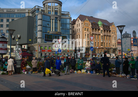 Les femmes âgées la vente de légumes et de fleurs place Vladimirskaya St Petersburg Russie Europe centrale Banque D'Images