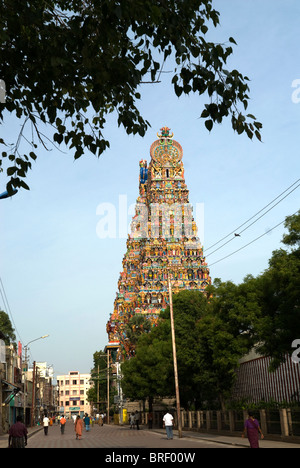 Gopuram (tour) au Sri Meenakshi (temple hindou) dans la région de Madurai Tamil Nadu ; Inde ; Banque D'Images
