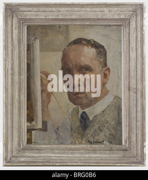 Franz Eichhorst (1885 - 1948), autoportrait (1932) huile sur bois, signé et daté 'Franz Eichhorst 1932' en bas à droite. Portrait frappant de l'artiste peinture à un chevalet. Dans le cadre en bois, au dos de l'inscription manuscrite 'Mesrei Nr. 3'. Encadré 62,5 x 54,5 cm. Au début des années 1920, Eichhorst a trouvé une deuxième maison dans le Tyrol oriental (Matrei) et a établi un studio là-bas, où il avait l'habitude de passer l'été. Ici, il a créé l'une de ses peintures les plus célèbres, 'Girl with a Jug' (Hermann Historica, enchère 50, 4/5 mai 2006, lot 7567). L'offre Autoportrait, Banque D'Images