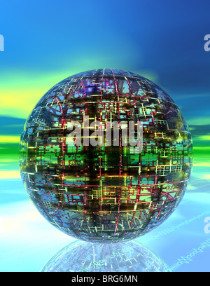 Techno Ball rendues en 3D sur le miroir comme la surface avec un fond coloré Banque D'Images