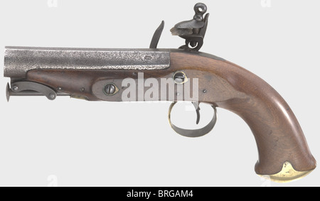 Une paire de pistolets à flotlock en boîtier, William et John Rigby,Dublin,vers 1825.canons à alésage lisse (légèrement piqués) de calibre 16.5 mm avec des barres de fer captives en dessous.chacun est inscrit « DUBLIN » sur le dessus plat des fûts avec un numéro d'enregistrement estampé.serrures en fer.Frizzens avec rouleaux.les plaques de verrouillage sont estampillées, « W & J RIGBY stocks de noyer » et lisses en laiton Meuble.longueur de chaque 26 cm.dans le cas original de bois doublé de velours avec des renforts en laiton sur les bords et accessoires complets.il ya une étiquette de compagnie de papier sur l'insi, droits supplémentaires-Clearences-non disponible Banque D'Images