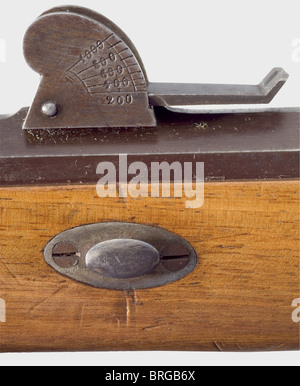 Un fusil de sniper à percussion Wild system.,canon brun à deux étages,octogonal tournant en rond,5 rainures de rifling en calibre 10.5 mm,vue avant en fer et goujon à baïonnette sur le côté. En position de canon centrale vue du quadrant de Hessian avec échelle gravée de 200 à 1000 pas. Serrure à percussion avec marques d'acceptation Hessian : couronne, couronnée 'l', '18' et monogramme de master 'AB'. Déclenchement allemand. Bois de noyer clair avec meubles en fer, timbre de couronne sur la protection de déclenchement, '18' sur le nez, 'l' et 'l' sur le stock. Longueur 127.5 cm. Condition d'armurerie. Modèle inconnu,probablement fusil d'essai,droits-supplémentaires-Clearences-non disponible Banque D'Images