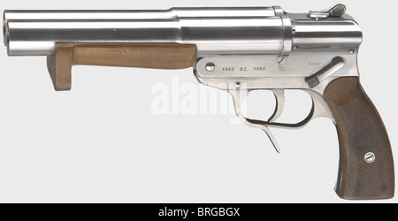 Un pistolet à toron Walther Mod.SLD,Kriegsmarine marine,calibre 4(26.65 mm),n° 1860.alésages en miroir.à gauche, code '1940 ac 1860',à côté de lui bleu marine acceptation aigle/'HK/M/III/3'.sur le dessus, sélecteur marqué 'l' et 'r' pour un tir simple à partir du canon gauche ou droit et 'Dossta' en acier poli(HK/III/III/III/III/III) Dents sur la racine du canon droit.avant-bras et panneaux de préhension en noyer, légèrement tachetés.comme nouvelle condition et très rare.Erwerbsscheinpflichtig.hist,droits-supplémentaires-Clearences-non disponible Banque D'Images