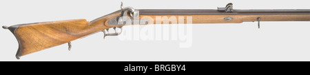 Un fusil de sniper à percussion Wild system.,canon brun à deux étages,octogonal tournant en rond,5 rainures de rifling en calibre 10.5 mm,vue avant en fer et goujon à baïonnette sur le côté. En position de canon centrale vue du quadrant de Hessian avec échelle gravée de 200 à 1000 pas. Serrure à percussion avec marques d'acceptation Hessian : couronne, couronnée 'l', '18' et monogramme de master 'AB'. Déclenchement allemand. Bois de noyer clair avec meubles en fer, timbre de couronne sur la protection de déclenchement, '18' sur le nez, 'l' et 'l' sur le stock. Longueur 127.5 cm. Condition d'armurerie. Modèle inconnu,probablement fusil d'essai,droits-supplémentaires-Clearences-non disponible Banque D'Images